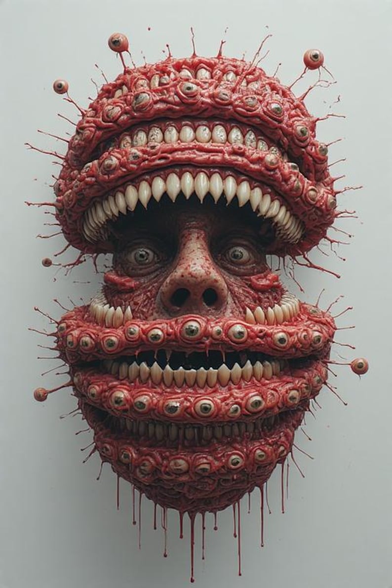 Puede incluir: Una grotesca escultura roja y carnosa de una cara con m&uacute;ltiples filas de dientes y ojos. La escultura tiene una apariencia inquietante, con una superficie texturizada y un efecto de goteo en la parte inferior.