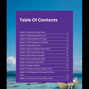 K&ouml;nnte beinhalten: Digitales Bild eines Inhaltsverzeichnisses eines Buches mit dem Titel "Inhaltsverzeichnis". Die lila Box listet Kapitel &uuml;ber die philippinische K&uuml;che auf, einschlie&szlig;lich Rezepte, Streetfood, Desserts und kulinarische Techniken. Der Hintergrund zeigt einen blauen Himmel und ein Boot.