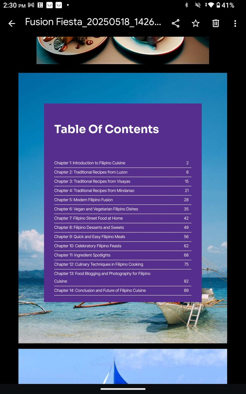 K&ouml;nnte beinhalten: Digitales Bild eines Inhaltsverzeichnisses eines Buches mit dem Titel "Inhaltsverzeichnis". Die lila Box listet Kapitel &uuml;ber die philippinische K&uuml;che auf, einschlie&szlig;lich Rezepte, Streetfood, Desserts und kulinarische Techniken. Der Hintergrund zeigt einen blauen Himmel und ein Boot.
