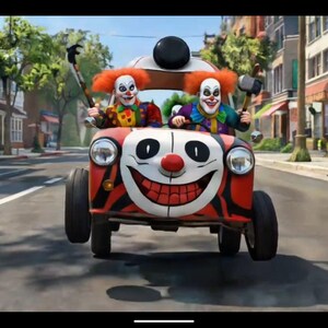Op de afbeelding: Een rood en zwart clownauto met een groot lachend gezicht aan de voorkant, bestuurd door twee clowns. De clowns dragen kleurrijke outfits en houden wapens vast. De auto rijdt over een straat.