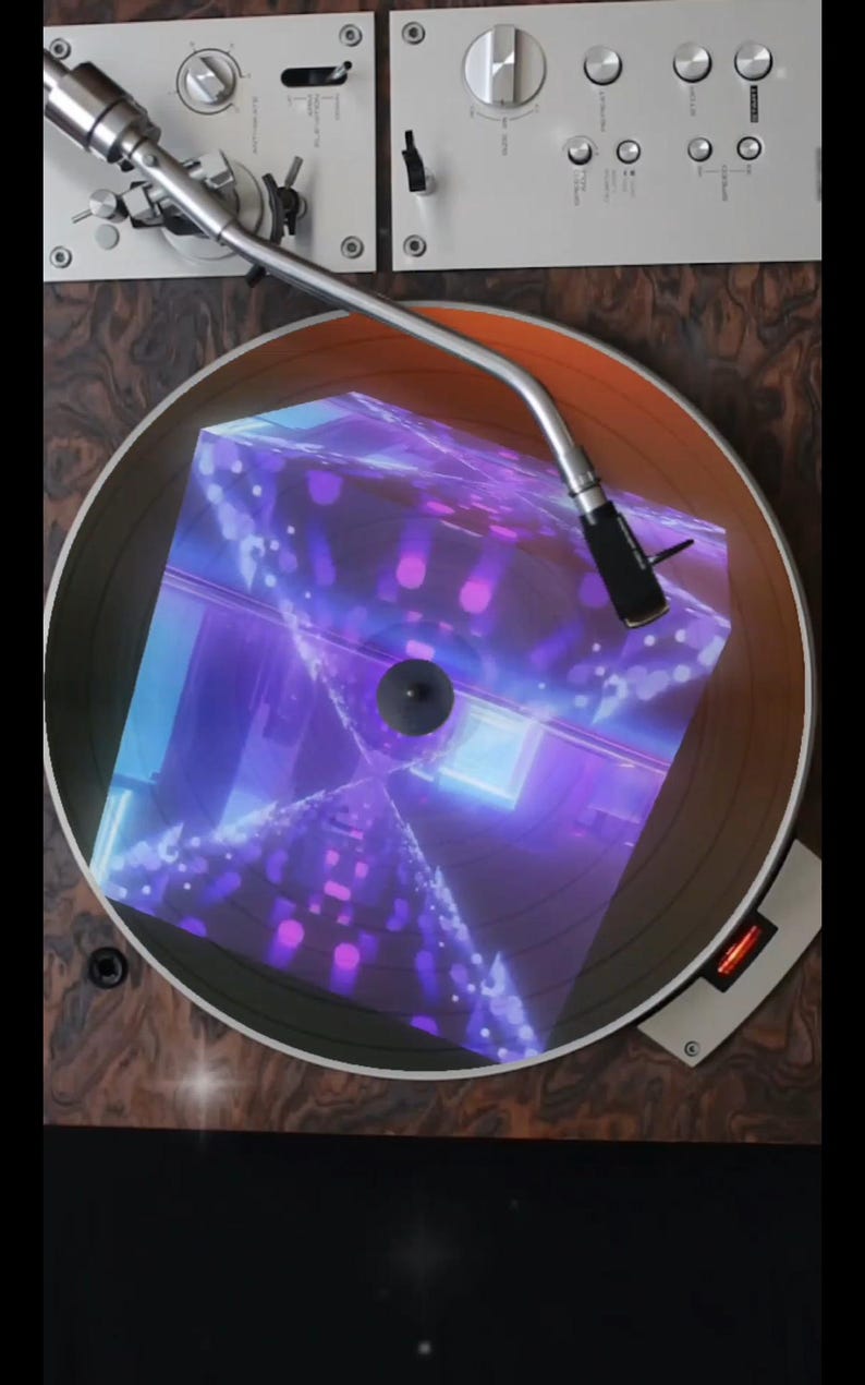 May include: A vintage turntable with a record playing. The record is a holographic cube with purple and blue colors.