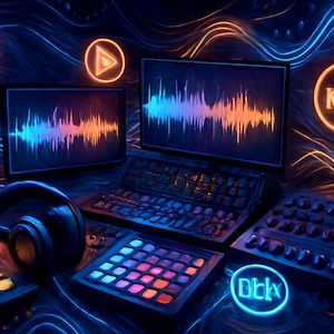 May include: A music production setup featuring two computer monitors displaying colorful audio waveforms, a keyboard, two MIDI pad controllers, and headphones. Neon icons float in the background, including music notes, a play button, and the text Klick.