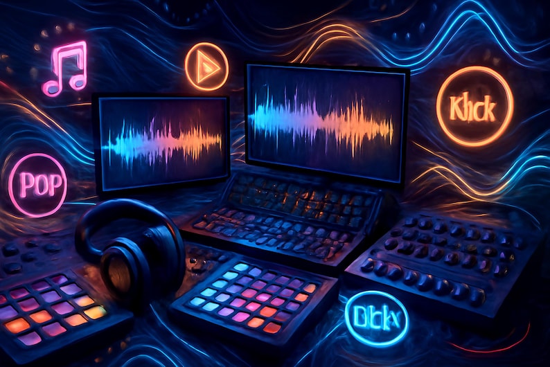 May include: A music production setup featuring two computer monitors displaying colorful audio waveforms, a keyboard, two MIDI pad controllers, and headphones. Neon icons float in the background, including music notes, a play button, and the text Klick.