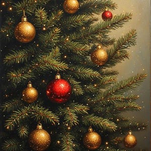 May include: A close-up of a Christmas tree adorned with gold and red ornaments. The tree is lush green, with small, twinkling lights scattered throughout. The ornaments are round and vary in size, creating a festive holiday scene.