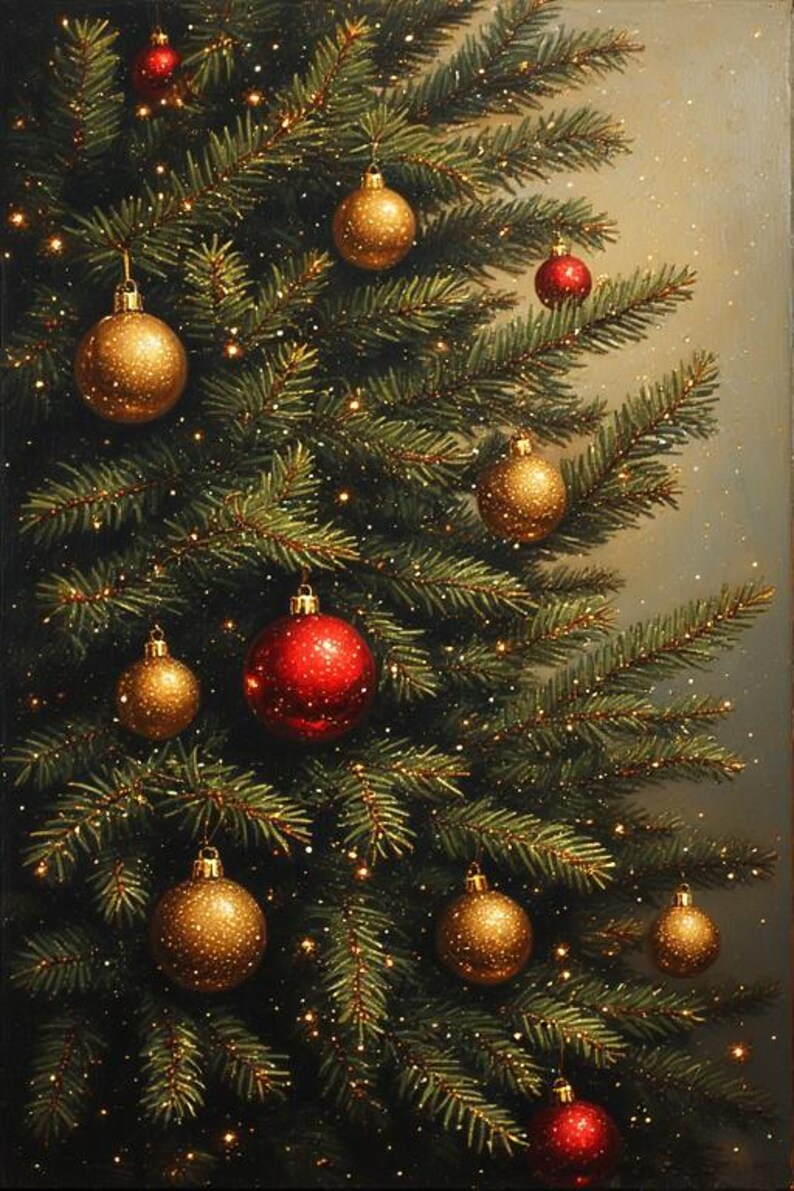 May include: A close-up of a Christmas tree adorned with gold and red ornaments. The tree is lush green, with small, twinkling lights scattered throughout. The ornaments are round and vary in size, creating a festive holiday scene.