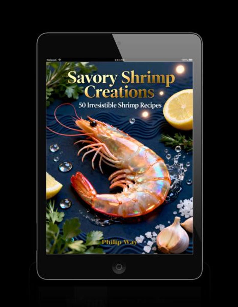 May include: An iPad displays the cover of a cookbook titled "Savory Shrimp Creations" with a large shrimp, lemon, garlic, and herbs. The cover features the text "50 Irresistible Shrimp Recipes" and the author's name, Philip Way.