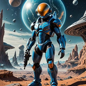 Pu&ograve; includere: Illustrazione fantascientifica di un astronauta in tuta spaziale blu e arancione su un pianeta desertico. L'astronauta tiene in mano un'arma, con pianeti, stazioni spaziali e paesaggi alieni sullo sfondo. L'immagine ha un tema fantascientifico.