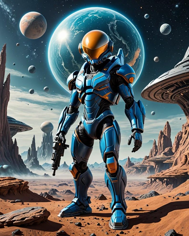 Pu&ograve; includere: Illustrazione fantascientifica di un astronauta in tuta spaziale blu e arancione su un pianeta desertico. L'astronauta tiene in mano un'arma, con pianeti, stazioni spaziali e paesaggi alieni sullo sfondo. L'immagine ha un tema fantascientifico.