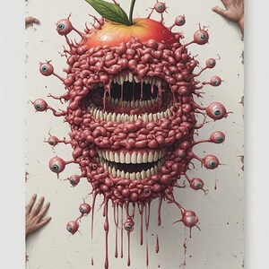 Puede incluir: Una obra de arte surrealista que presenta una forma grotesca similar a una manzana con una boca llena de dientes y numerosos globos oculares. La obra es predominantemente roja y rosa, con una hoja verde y un fondo texturizado blanquecino. La imagen tiene una cualidad inquietante.