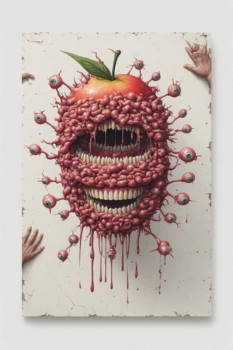 Puede incluir: Una obra de arte surrealista que presenta una forma grotesca similar a una manzana con una boca llena de dientes y numerosos globos oculares. La obra es predominantemente roja y rosa, con una hoja verde y un fondo texturizado blanquecino. La imagen tiene una cualidad inquietante.