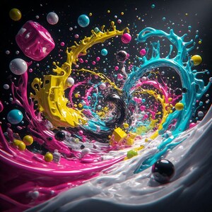 Pu&ograve; includere: Opera d'arte digitale astratta con un vortice dinamico di colori vivaci. Spruzzi di giallo, rosa e turchese si fondono con il bianco e nero, accentuati da sfere e cubi fluttuanti. L'opera d'arte crea un senso di movimento ed energia.