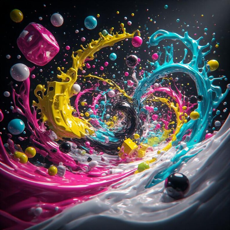 Pu&ograve; includere: Opera d'arte digitale astratta con un vortice dinamico di colori vivaci. Spruzzi di giallo, rosa e turchese si fondono con il bianco e nero, accentuati da sfere e cubi fluttuanti. L'opera d'arte crea un senso di movimento ed energia.