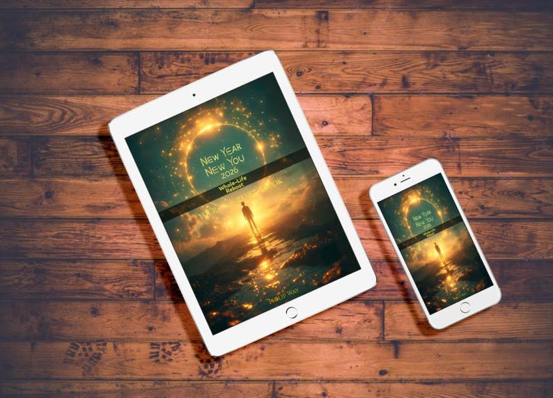 Może przedstawiać: Biały tablet i smartfon wyświetlają tekst "New Year New You 2026" na tle krajobrazu z osobą w jasnym świetle. Urządzenia leżą na drewnianej powierzchni.