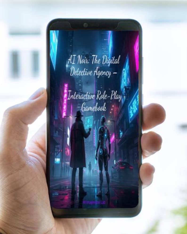 以下が含まれることがあります： スマートフォンには、「AI Noir: The Digital Detective Agency - Interactive Role-Play Gamebook」のデジタルイラストが表示されています。ネオンサインと2人の人物がいる未来的な都市の画像です。