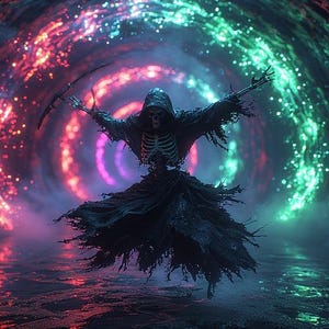 Puede incluir: Ilustraci&oacute;n digital de una figura esquel&eacute;tica con una capa con capucha, sosteniendo una guada&ntilde;a, contra un fondo arremolinado de luces rojas, verdes y moradas. La figura parece flotar en un entorno oscuro y brumoso.