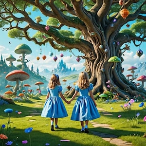 K&ouml;nnte beinhalten: Zwei M&auml;dchen in blauen Kleidern gehen Hand in Hand durch einen fantasievollen Wald. Der Wald ist gef&uuml;llt mit bunten Pilzen, Blumen und einem gro&szlig;en Baum mit h&auml;ngenden Ornamenten. In der Ferne ist ein Schloss zu sehen.