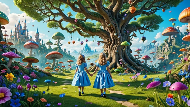 K&ouml;nnte beinhalten: Zwei M&auml;dchen in blauen Kleidern gehen Hand in Hand durch einen fantasievollen Wald. Der Wald ist gef&uuml;llt mit bunten Pilzen, Blumen und einem gro&szlig;en Baum mit h&auml;ngenden Ornamenten. In der Ferne ist ein Schloss zu sehen.