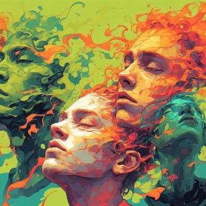 May include: An abstract digital art piece featuring multiple human faces in profile, each rendered in vibrant colors. The artwork uses a palette of greens, oranges, and yellows, with a focus on expressive lines and shapes. The faces appear serene, with closed eyes.
