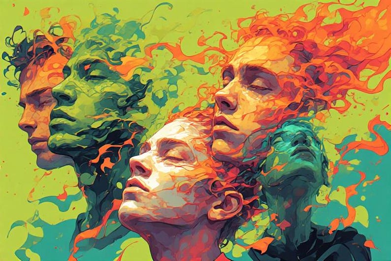 May include: An abstract digital art piece featuring multiple human faces in profile, each rendered in vibrant colors. The artwork uses a palette of greens, oranges, and yellows, with a focus on expressive lines and shapes. The faces appear serene, with closed eyes.