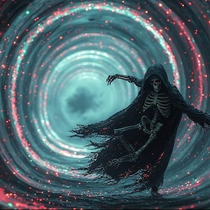 Puede incluir: Arte digital de una figura esquel&eacute;tica con una capa con capucha negra, sosteniendo una guada&ntilde;a, sobre un v&oacute;rtice arremolinado de luz turquesa y roja. La obra evoca temas de fantas&iacute;a y lo sobrenatural.