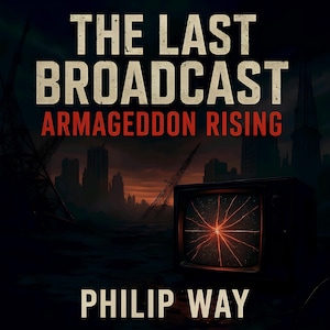 Puede incluir: Portada del libro "The Last Broadcast: Armageddon Rising" de Philip Way. La portada presenta una pantalla de televisión agrietada con un centro brillante, sobre un paisaje urbano oscuro y apocalíptico. El título y el nombre del autor se muestran de forma destacada.