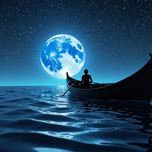 May include: A silhouette of a person rowing a boat on a dark blue body of water under a starry night sky with a large, blue moon in the background.