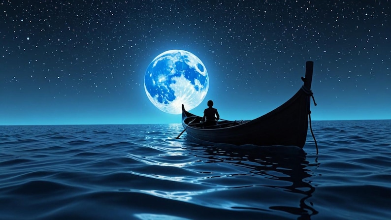 May include: A silhouette of a person rowing a boat on a dark blue body of water under a starry night sky with a large, blue moon in the background.