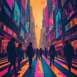 May include: An artistic illustration of a city street scene with pedestrians. The buildings are tall and colorful, with bright neon signs. The crosswalk is striped with pink, yellow, and blue. The sky is a warm orange.