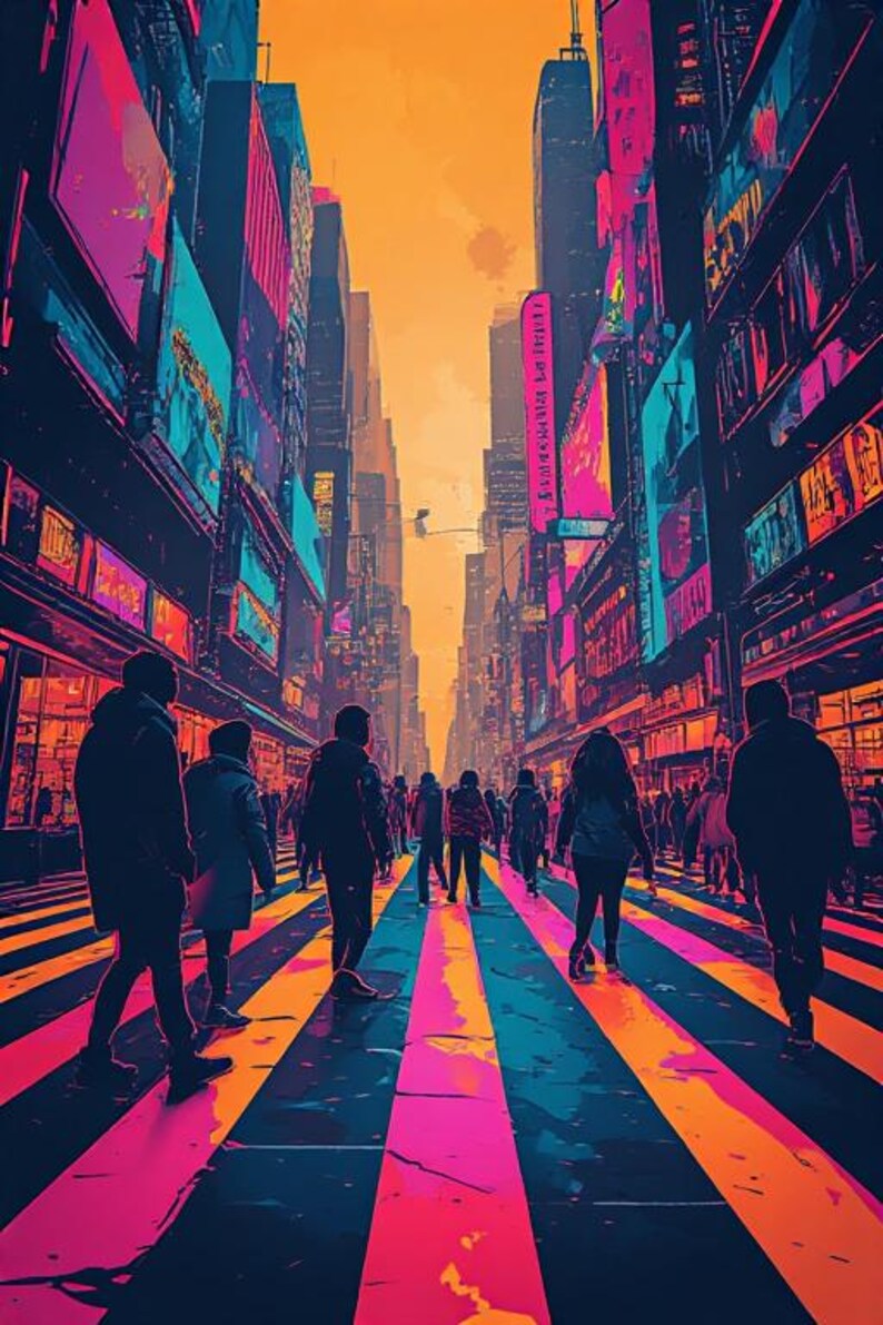 May include: An artistic illustration of a city street scene with pedestrians. The buildings are tall and colorful, with bright neon signs. The crosswalk is striped with pink, yellow, and blue. The sky is a warm orange.