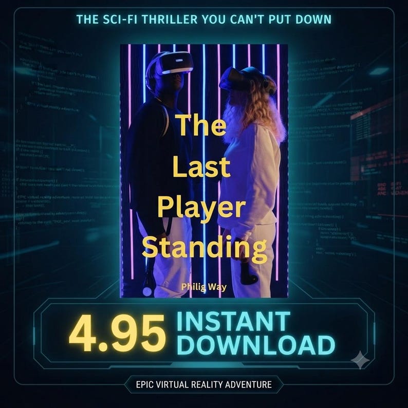 May include: A book cover titled The Last Player Standing by Philig Way featuring two individuals wearing virtual reality headsets against a background of vertical purple and blue neon lights. The text reads The Sci-Fi Thriller You Can't Put Down.
