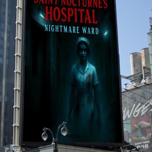 K&ouml;nnte beinhalten: Eine gro&szlig;e Werbetafel in einer st&auml;dtischen Umgebung zeigt ein Filmplakat f&uuml;r "Haunting of Saint Nocturne's Hospital: Nightmare Ward". Das Plakat zeigt eine geisterhafte Krankenschwester in blauer Uniform. Das Schild von Modell's Subway ist darunter zu sehen.
