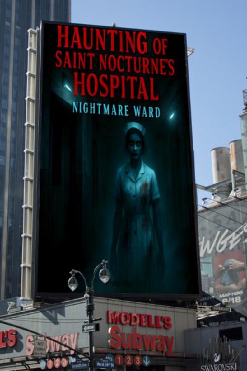 K&ouml;nnte beinhalten: Eine gro&szlig;e Werbetafel in einer st&auml;dtischen Umgebung zeigt ein Filmplakat f&uuml;r "Haunting of Saint Nocturne's Hospital: Nightmare Ward". Das Plakat zeigt eine geisterhafte Krankenschwester in blauer Uniform. Das Schild von Modell's Subway ist darunter zu sehen.