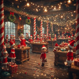 May include: A festive workshop scene with numerous elf figurines in red outfits and Santa hats. The room is decorated with Christmas lights, wreaths, and candy cane-striped pillars. Tables are laden with wrapped gifts, creating a cheerful holiday atmosphere.