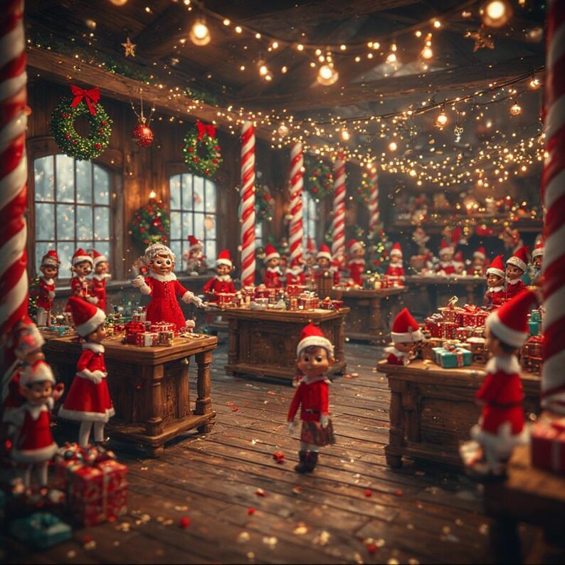 May include: A festive workshop scene with numerous elf figurines in red outfits and Santa hats. The room is decorated with Christmas lights, wreaths, and candy cane-striped pillars. Tables are laden with wrapped gifts, creating a cheerful holiday atmosphere.
