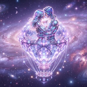 May include: A glowing, translucent, crystalline hot air balloon structure floats in deep space. Inside the faceted, light-purple basket, two figures with iridescent, metallic skin embrace, surrounded by a vibrant, swirling purple galaxy.