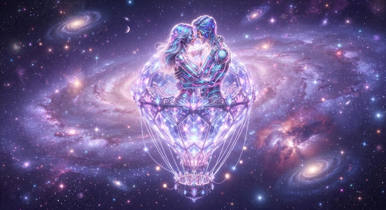May include: A glowing, translucent, crystalline hot air balloon structure floats in deep space. Inside the faceted, light-purple basket, two figures with iridescent, metallic skin embrace, surrounded by a vibrant, swirling purple galaxy.