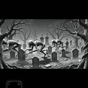 May include: A black and white digital illustration depicting three skeletal, hunched creatures with sharp spines moving through a foggy graveyard filled with weathered tombstones, crosses, and gnarled, leafless trees under a dark, overcast sky.
