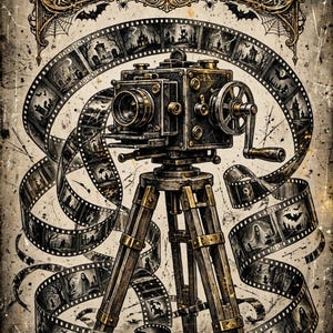 May include: A vintage-style motion picture camera mounted on a wooden tripod, surrounded by a swirling strip of film featuring illustrations of haunted landscapes, bats, ghosts, and black cats, set against a distressed, aged parchment background.
