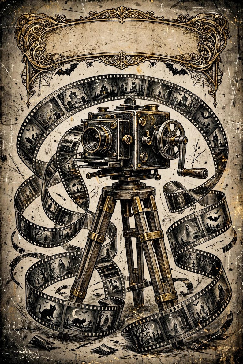 May include: A vintage-style motion picture camera mounted on a wooden tripod, surrounded by a swirling strip of film featuring illustrations of haunted landscapes, bats, ghosts, and black cats, set against a distressed, aged parchment background.