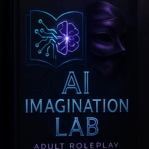 Puede incluir: Portada de libro con el título "AI Imagination Lab" en letras de neón azules. La portada presenta un diseño de cerebro y placa de circuito brillante, una máscara púrpura y el texto "Adult Roleplay Adventures."