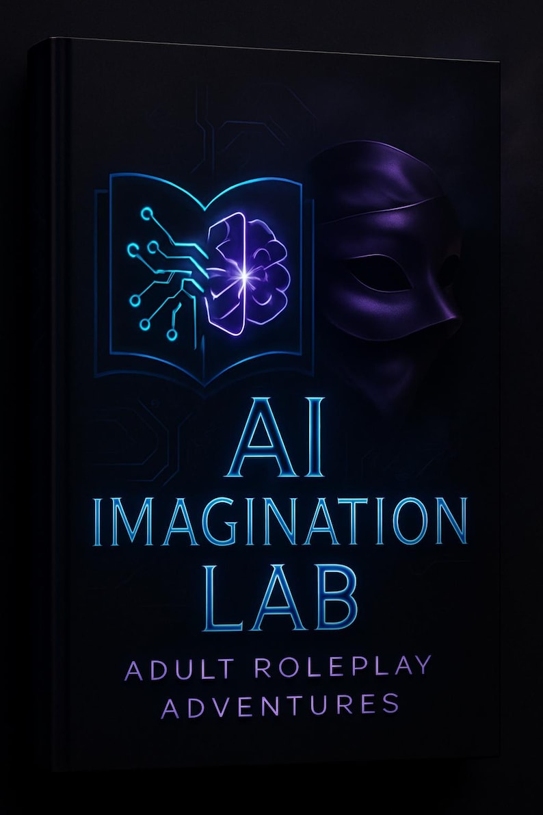 May include: A book cover with the title "AI Imagination Lab" in blue neon lettering. The cover features a glowing brain and circuit board design, a purple mask, and the text "Adult Roleplay Adventures."