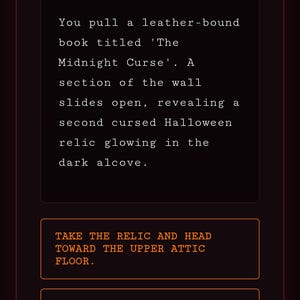 May include: A digital interface displaying text on a dark background. The screen shows game status details including Current Chamber: Haunted Library, Midnight Hour: 58:23, Spooky Relics: 1/4, Chapter Depth: 5, and Acquired Relics & Keys: Brass Skeleton Key.