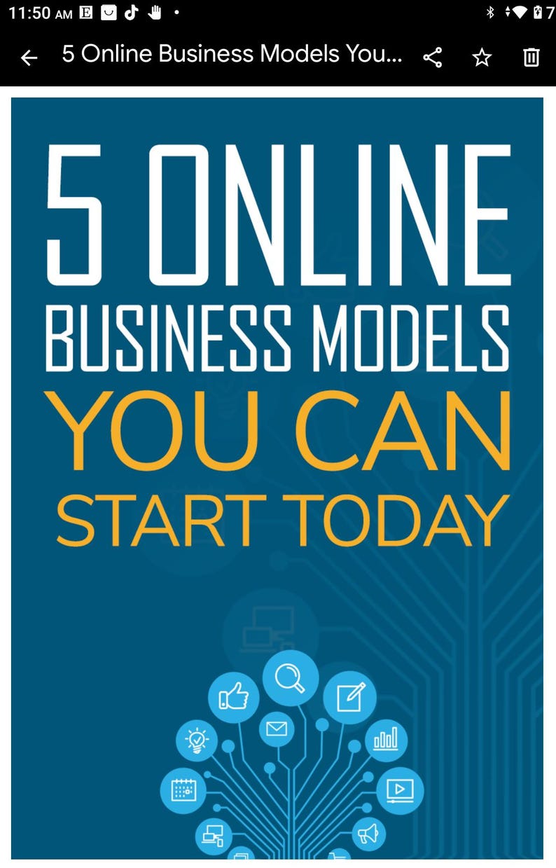 May include: A blue and white graphic with the text "5 ONLINE BUSINESS MODELS YOU CAN START TODAY". The graphic features a stylized network of icons representing different online business models, including a computer, a magnifying glass, a pencil, a lightbulb, an envelope, a bar graph, a calendar, a play button, a computer monitor, and a megaphone.