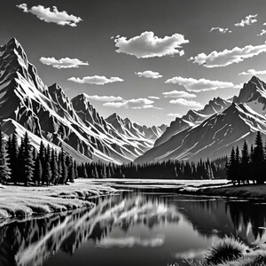May include: A black and white photograph of a mountain range with a lake in the foreground. The mountains are snow-capped and the lake is reflecting the sky and clouds.