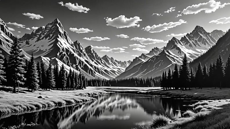 May include: A black and white photograph of a mountain range with a lake in the foreground. The mountains are snow-capped and the lake is reflecting the sky and clouds.