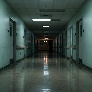 May include: A long, dimly lit hospital corridor with pale green walls and a reflective floor. Rows of white doors with small rectangular windows line both sides, featuring room numbers 201 and 205 clearly visible on the door frames.