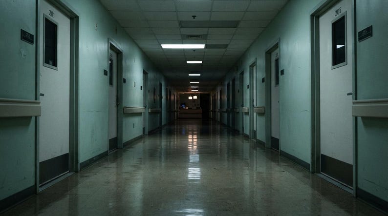 May include: A long, dimly lit hospital corridor with pale green walls and a reflective floor. Rows of white doors with small rectangular windows line both sides, featuring room numbers 201 and 205 clearly visible on the door frames.