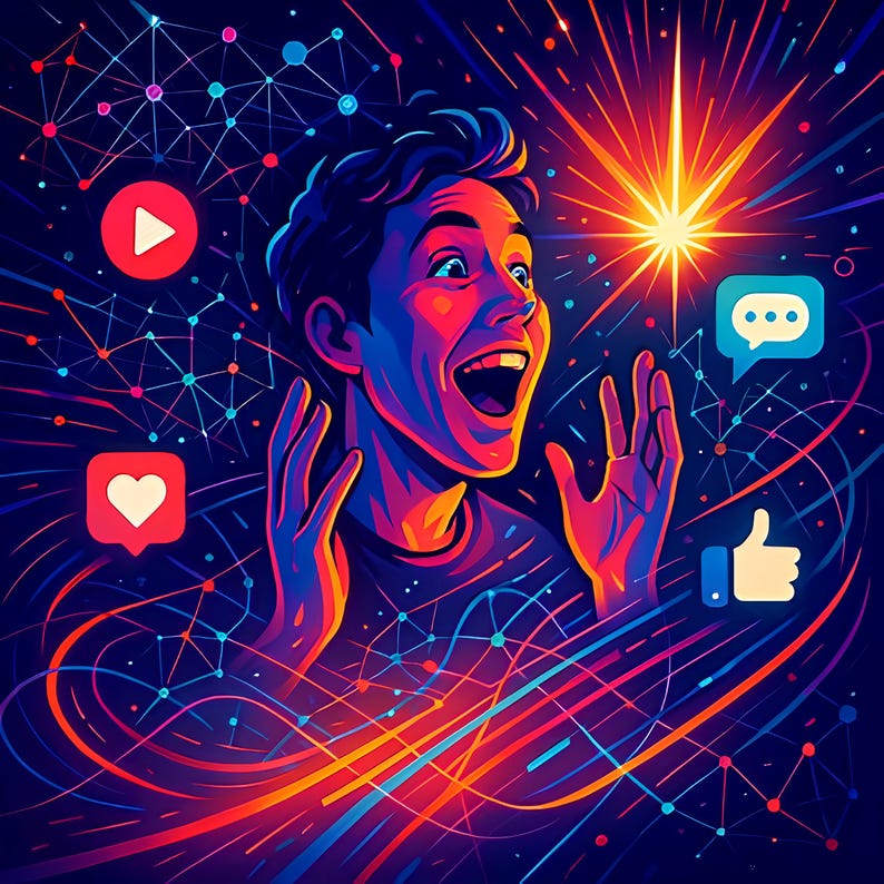 May include: Digital art illustration of a person with an open mouth and raised hands, surrounded by social media icons and a network of lines. The color palette includes vibrant blues, reds, and oranges, creating a dynamic and energetic feel.
