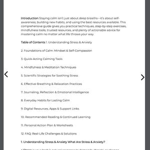 Pu&ograve; includere: Documento digitale intitolato "Calmati!". La guida definitiva per trovare la calma in un mondo caotico. Il documento include un sommario e informazioni su stress, ansia e tecniche di consapevolezza.