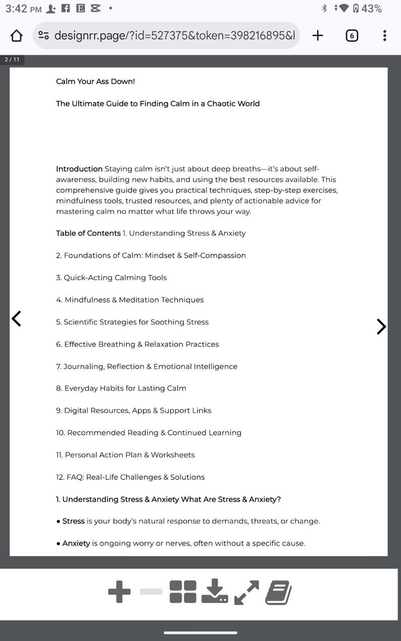 Pu&ograve; includere: Documento digitale intitolato "Calmati!". La guida definitiva per trovare la calma in un mondo caotico. Il documento include un sommario e informazioni su stress, ansia e tecniche di consapevolezza.